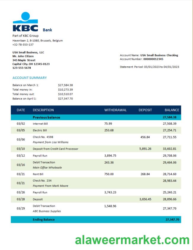 KBC Bank corporate account statement Word and PDF template
